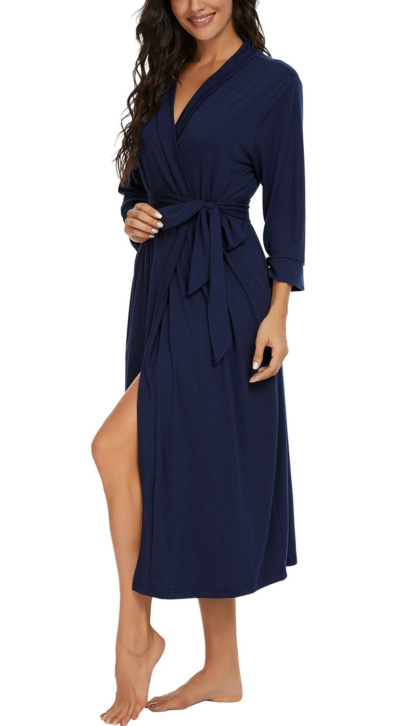 VINTATRE Women Kimono Robes Long Knit Bathrobe Lightweight Soft Knit Sleepwear V-neck Casual Ladies Loungewear Navy Blue-Small - Image 4